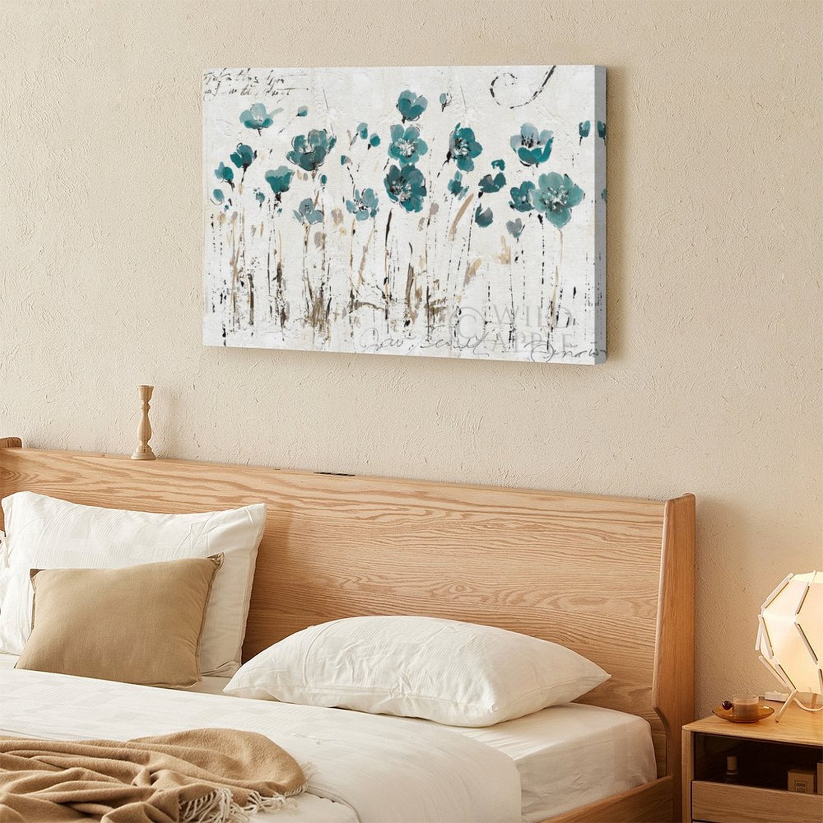Abstract floral canvas print wall art, teal flowers on white, perfect for bedroom or living room decor, MyArtsyGift.