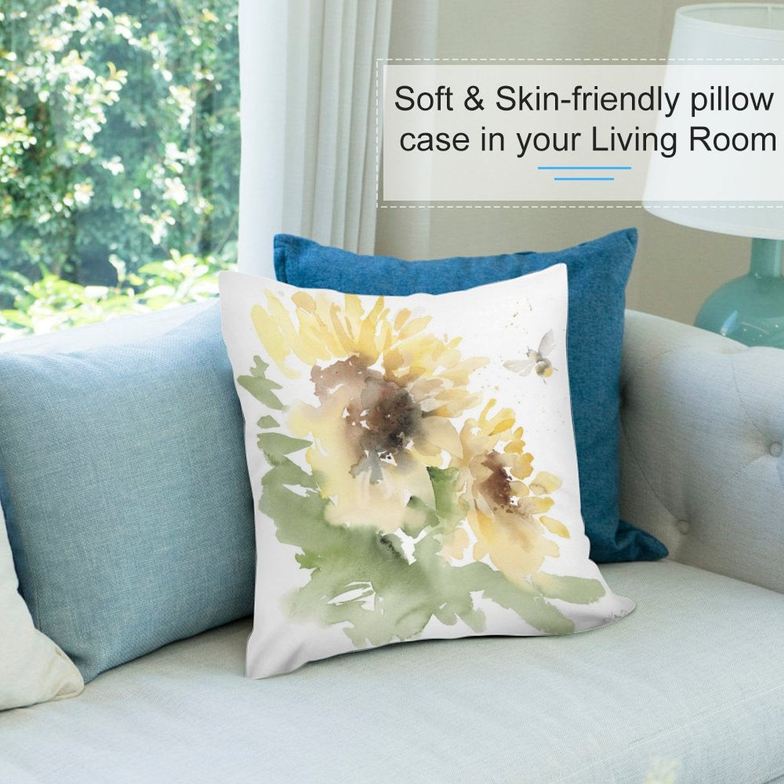 Watercolor sunflower and bee pillow cover, soft short plush fabric for living room decor.