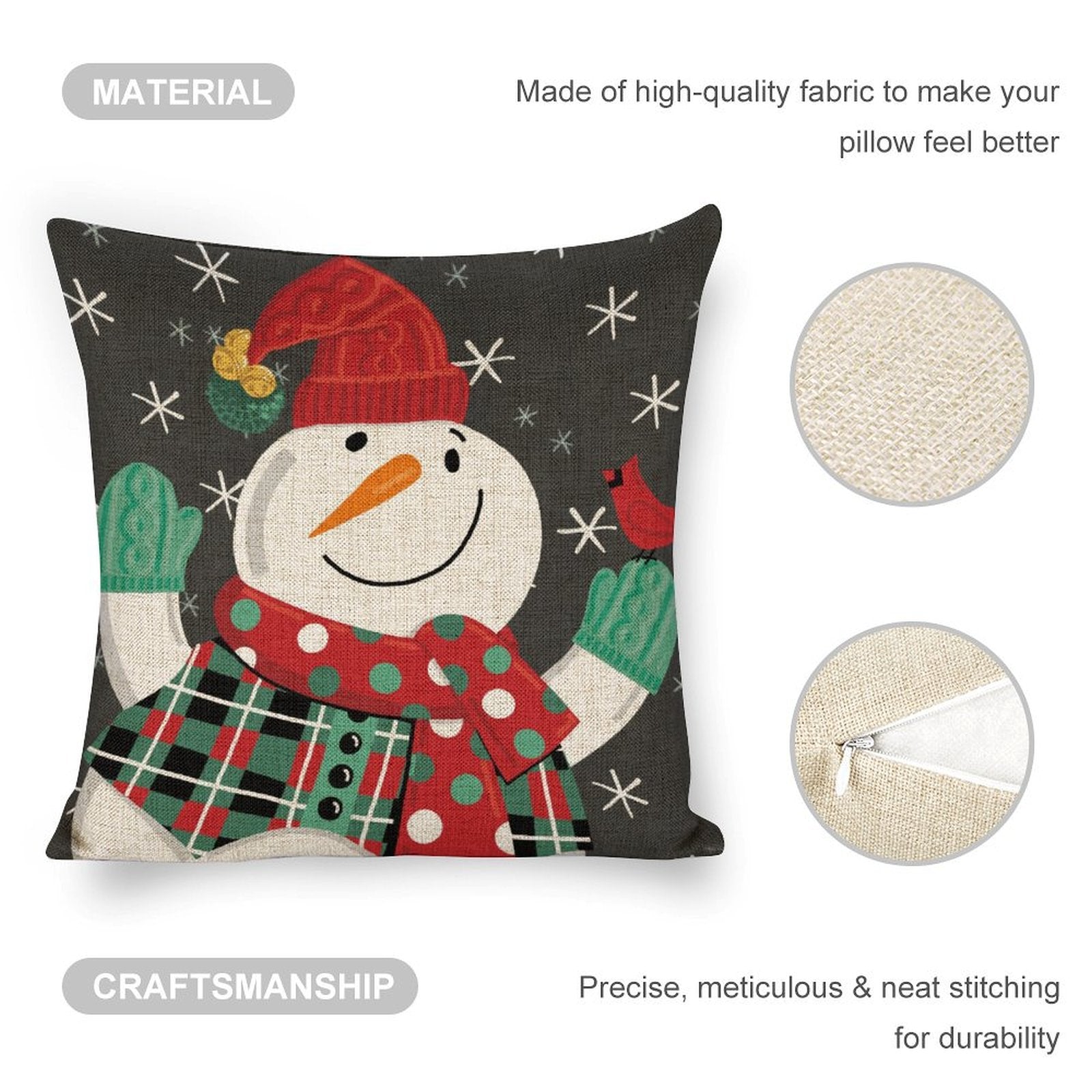 Christmas snowman pillow cover made of linen with high-quality fabric and precise stitching, suitable for couch and bed.