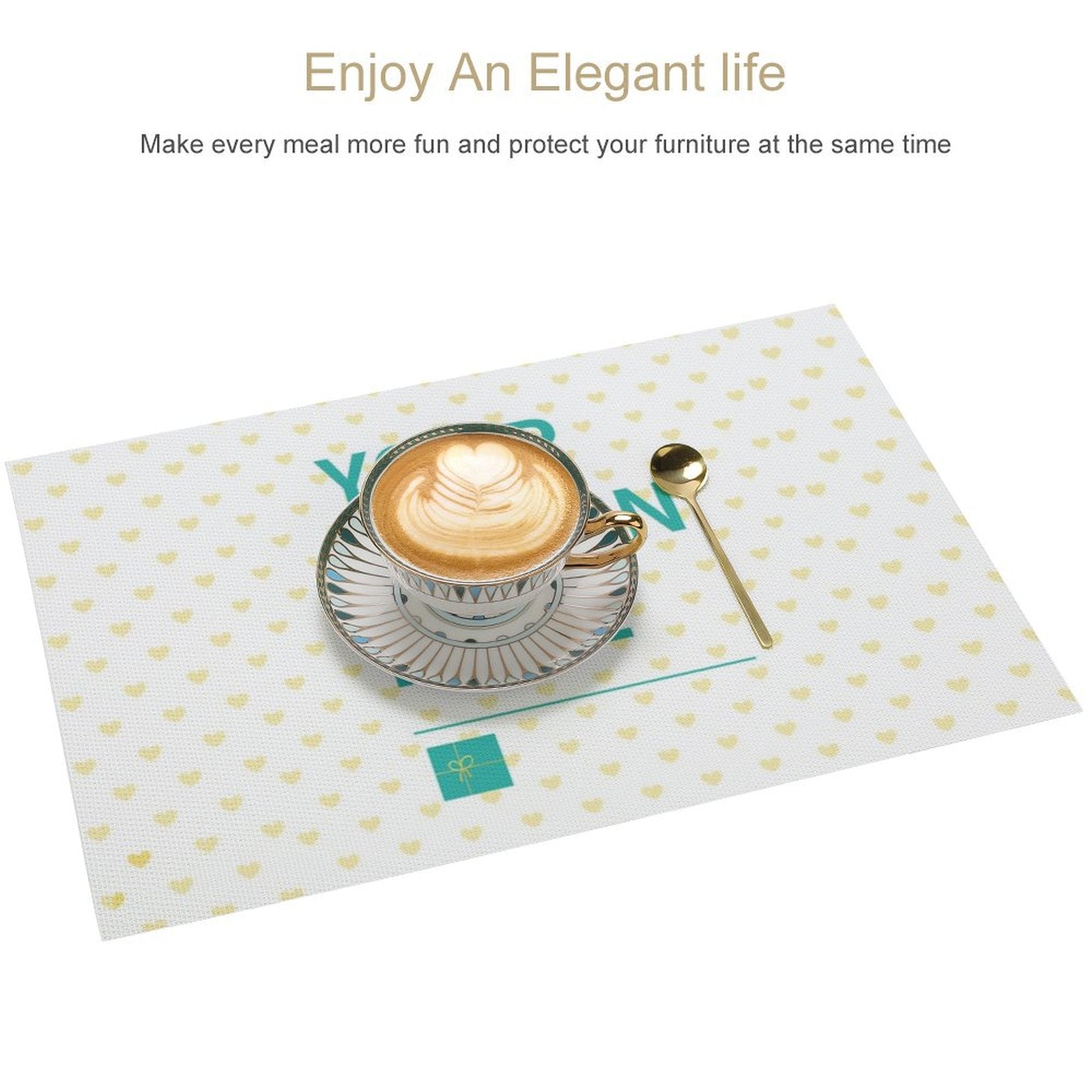PVC placemat with heart pattern, coffee cup and spoon, kitchen decor, enjoy elegant life.
