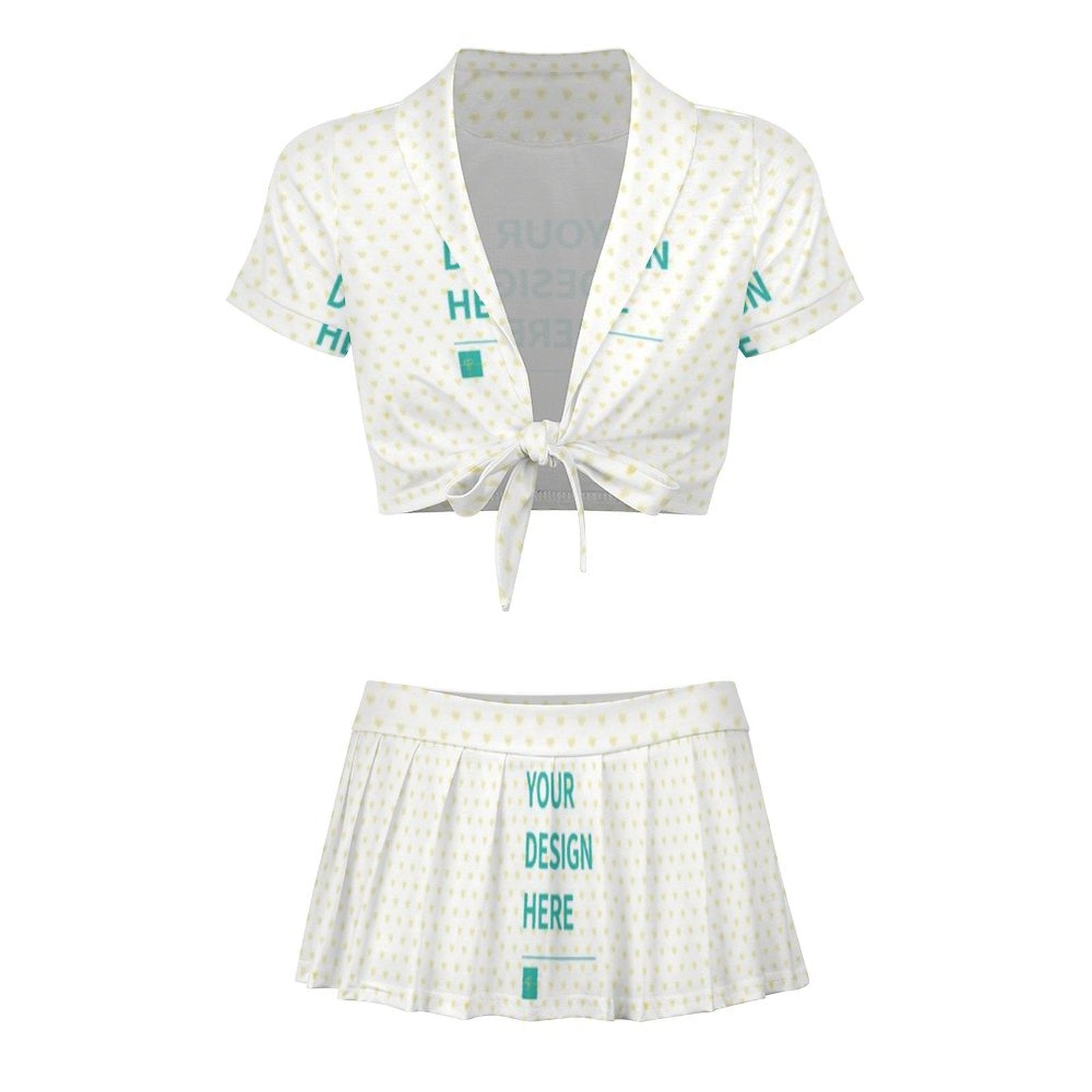 Custom cheerleader uniform for women, white tie-front top and pleated skirt, with customizable design options.