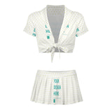 Custom cheerleader uniform for women, white tie-front top and pleated skirt, with customizable design options.