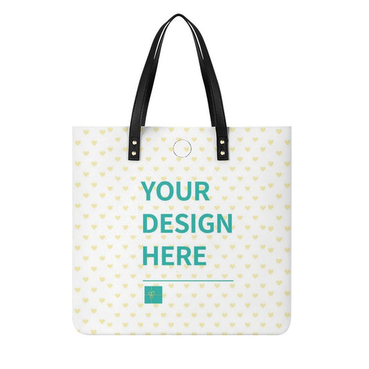 Customizable PU leather tote bag with 'YOUR DESIGN HERE' message and heart pattern, for shopping and work