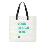 Customizable PU leather tote bag with 'YOUR DESIGN HERE' message and heart pattern, for shopping and work