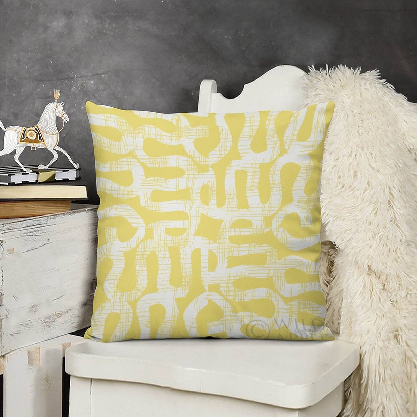 Yellow abstract plush throw pillow cover for sofa or couch, soft and fluffy, decorative design for living room.