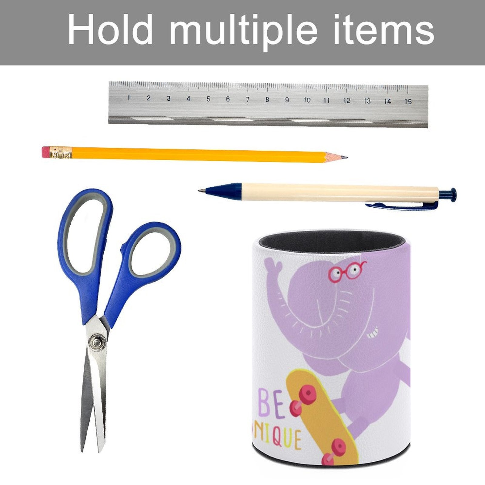 Desk organizer holding stationery, with 'BE UNIQUE' elephant design. Includes pencil, pen, ruler, and scissors.