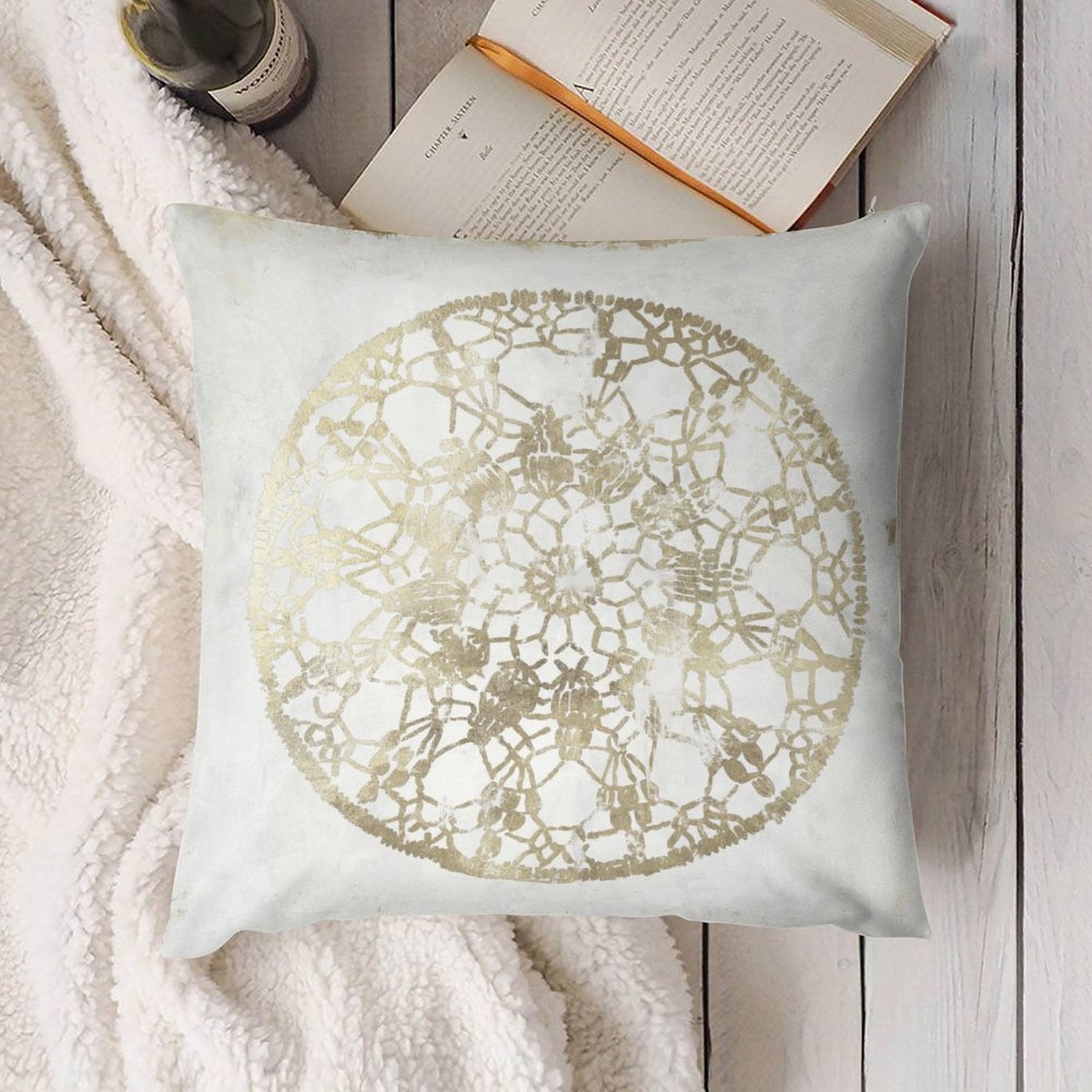 White plush pillow cover with gold lace design. Soft, decorative pillow for sofa, couch, or living room.
