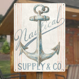 Retro nautical metal sign with anchor design, 'Nautical Supply & Co' text, iron material for wall decor.