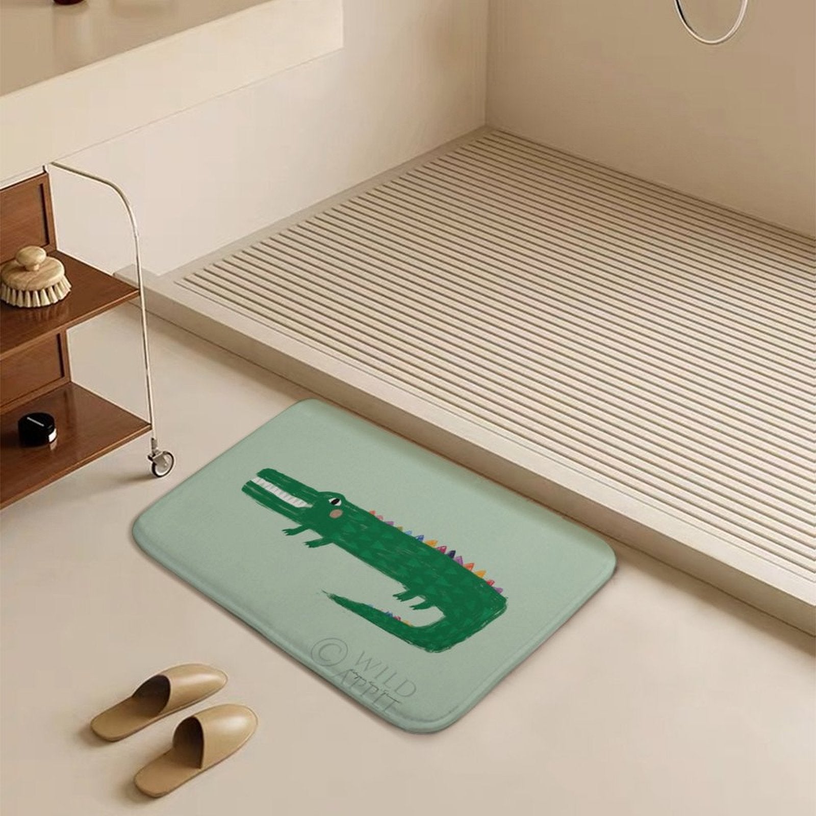 Green crocodile bath rug with non-slip design for bathroom or kitchen, from MyArtsyGift