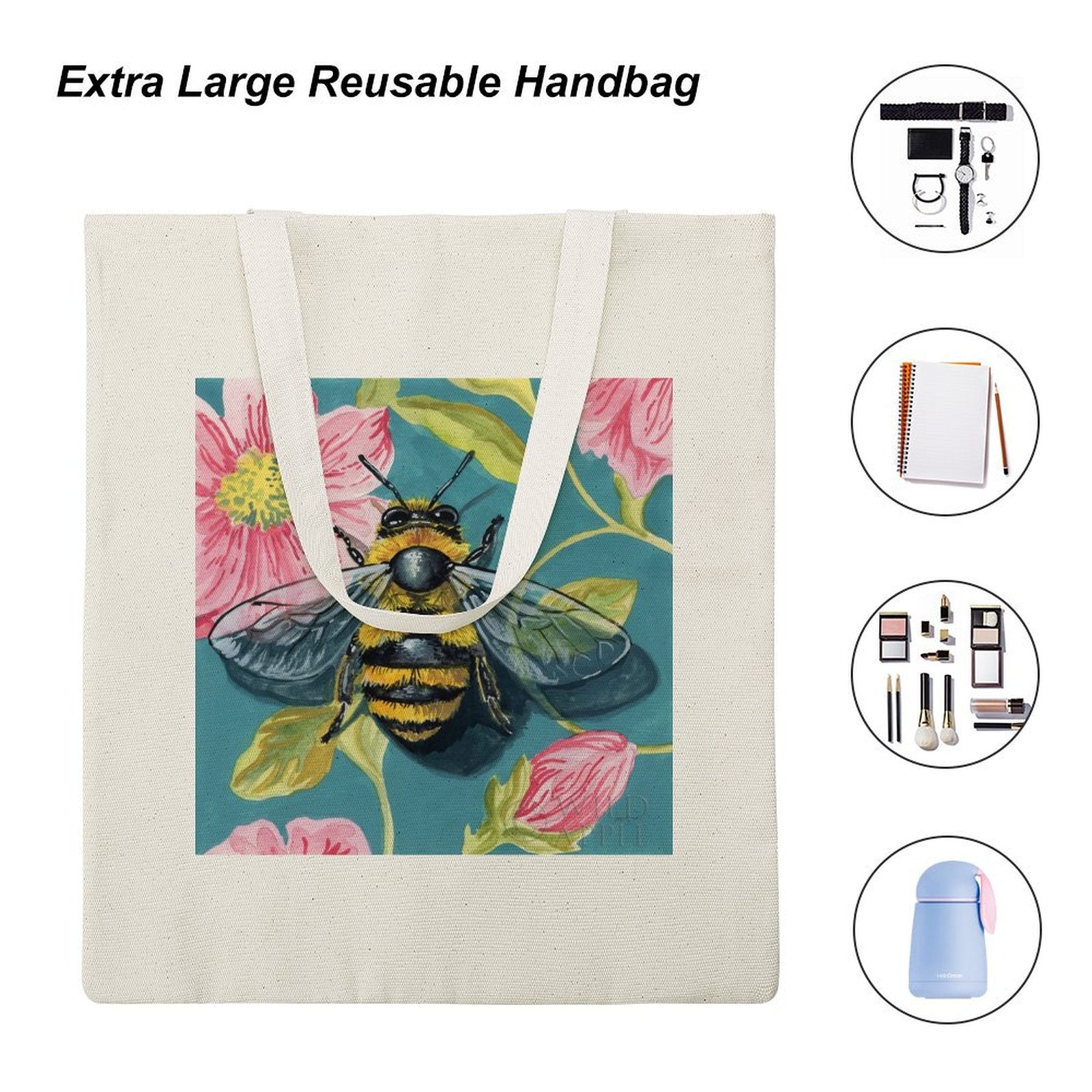 Reusable canvas tote bag, fuzzy bee and floral design, cloth shopping bag, eco-friendly.