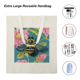 Reusable canvas tote bag, fuzzy bee and floral design, cloth shopping bag, eco-friendly.