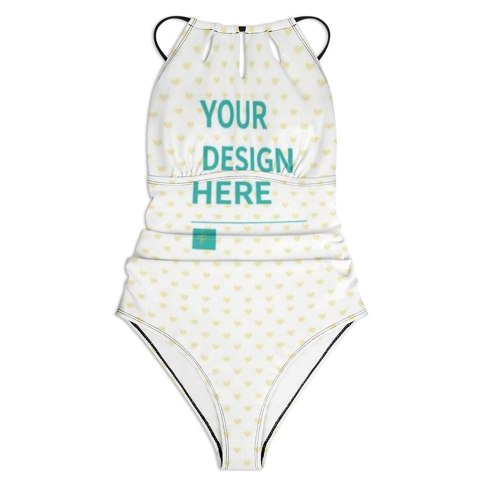 Customizable one-piece swimsuit with halter neck, heart pattern, "Your Design Here" text, perfect for MyArtsyGift.