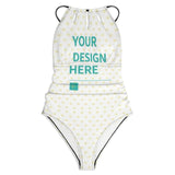 Customizable one-piece swimsuit with halter neck, heart pattern, "Your Design Here" text, perfect for MyArtsyGift.