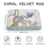 Coral velvet bath rug with coastal design, non-slip, Welcome to the Shore for bathroom.