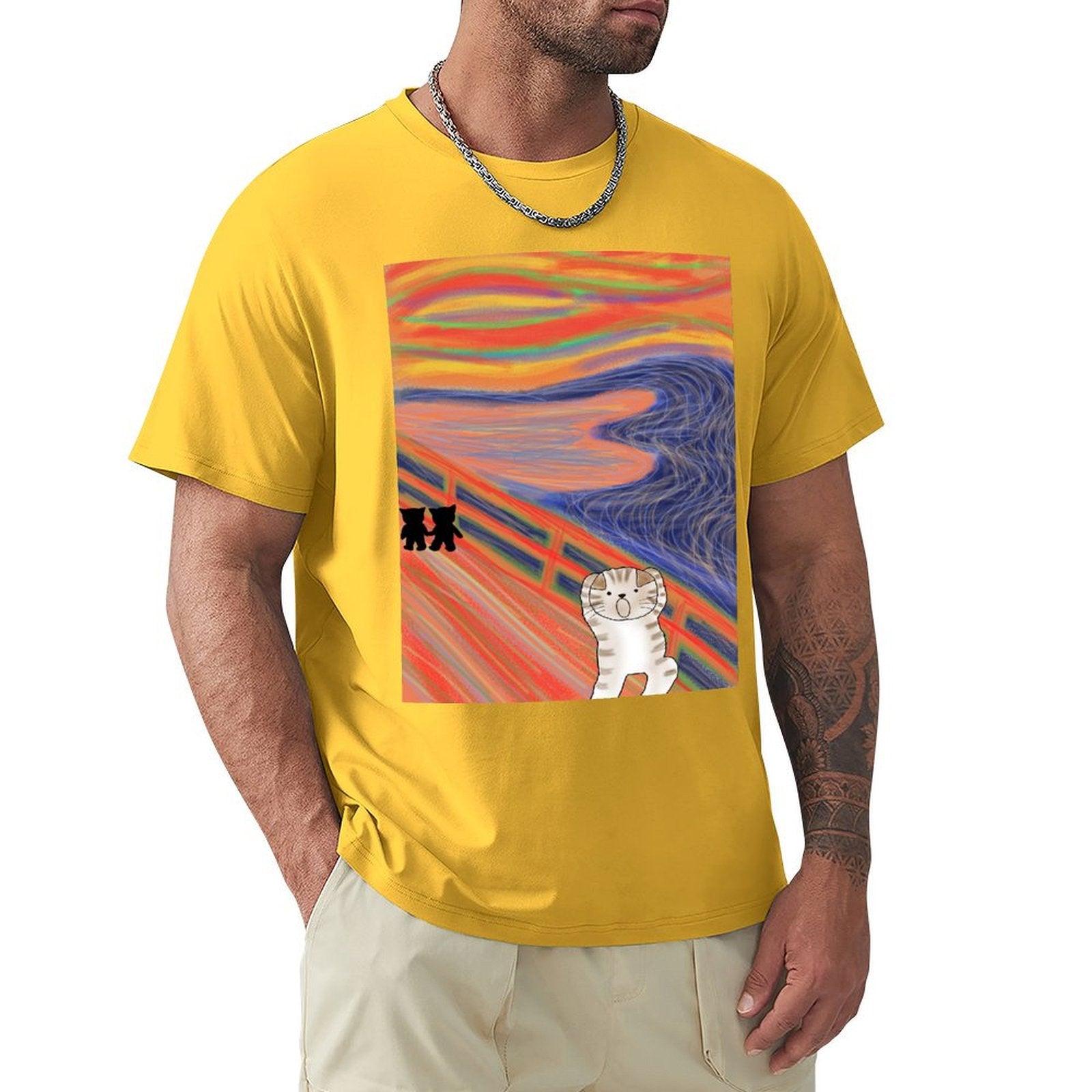 Yellow Men's short sleeve crew neck t-shirt with cat 'The Scream' art print. Classic tee from MyArtsyGift.
