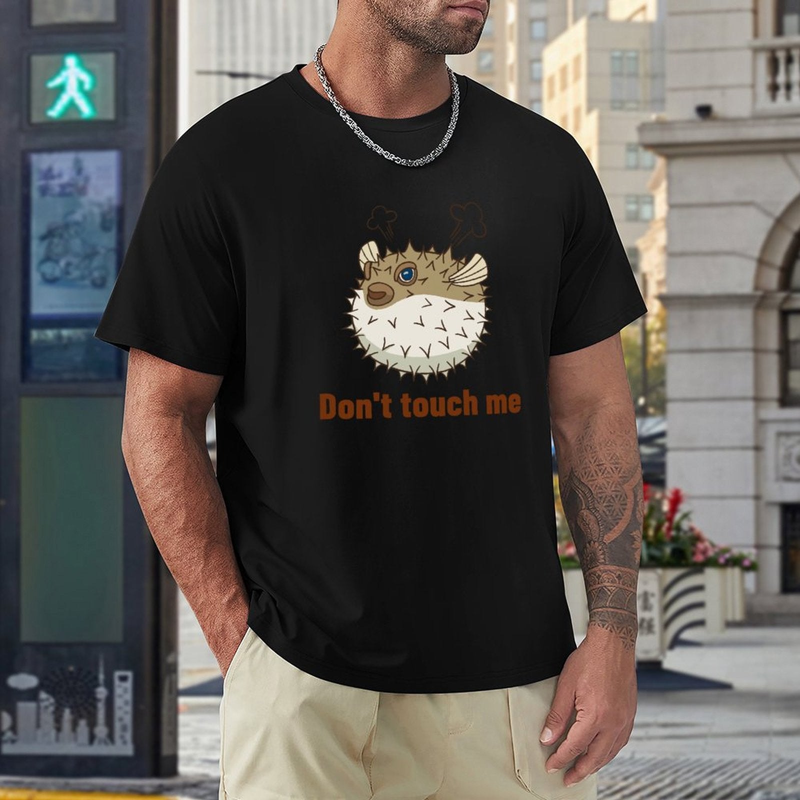 Men's black t-shirt with pufferfish graphic, 'Don't touch me' design, comfortable crew neck tee, available in sizes S-6XL