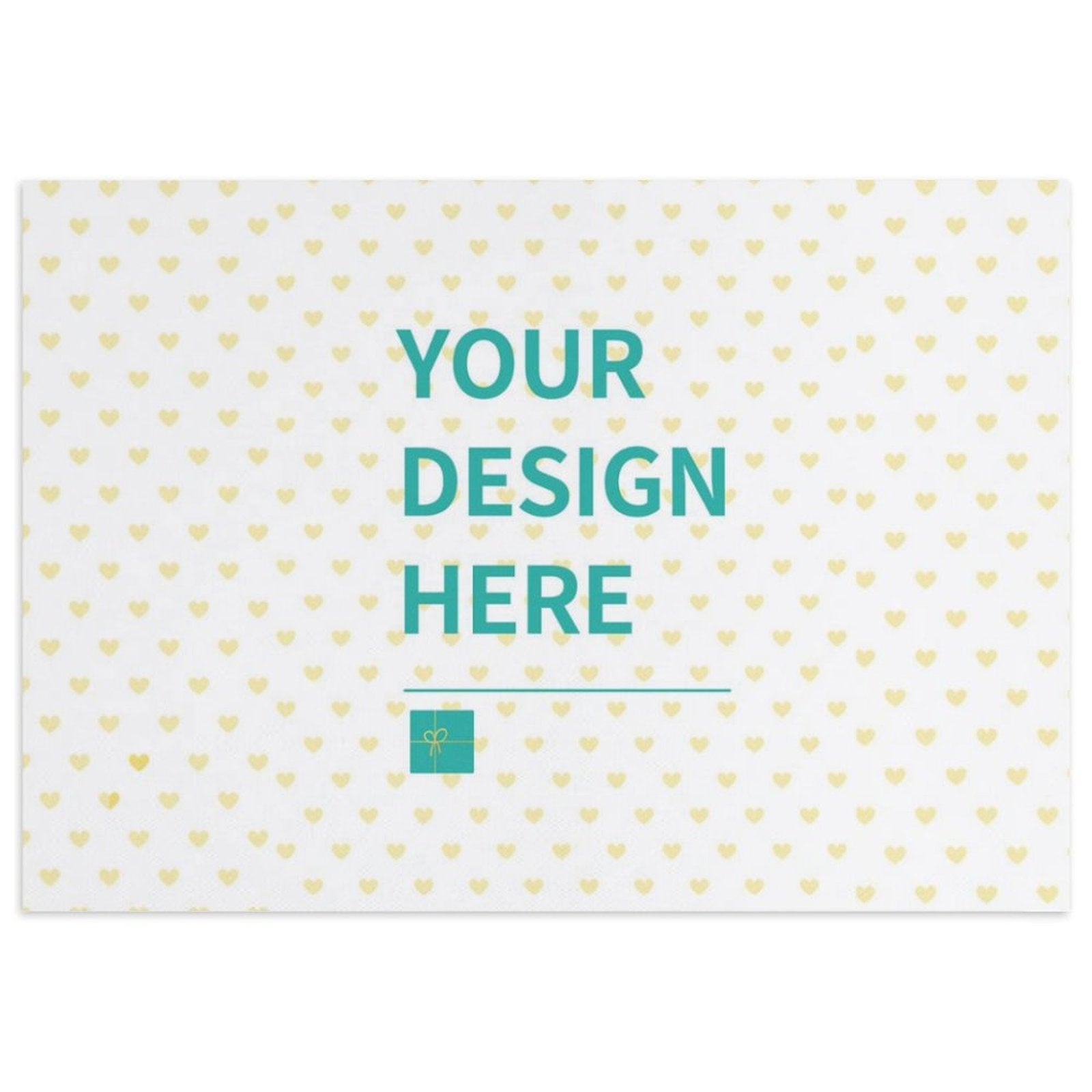 Custom canvas print mockup with 'YOUR DESIGN HERE' text and heart pattern, ideal for personalized wall art.