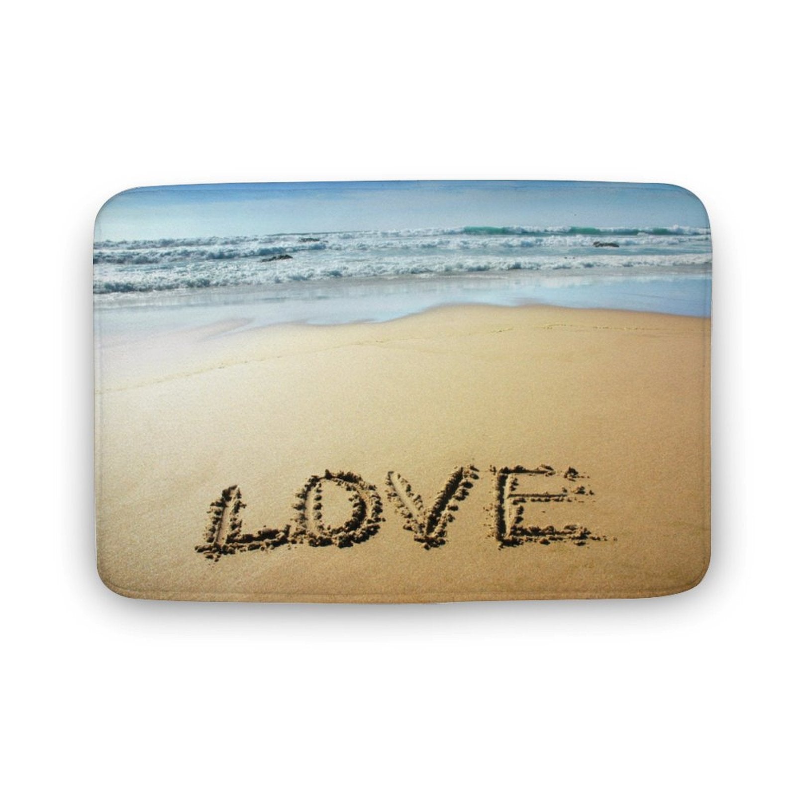 Coral velvet bath rug, beach scene with LOVE text, non-slip floor carpet