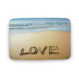 Coral velvet bath rug, beach scene with LOVE text, non-slip floor carpet