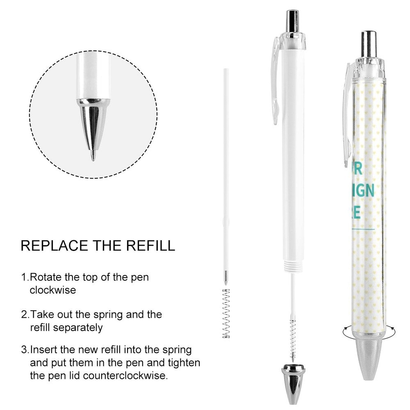 Replacing refill of custom ballpoint pen. PC material pen with step-by-step instructions for students, graduation gift.