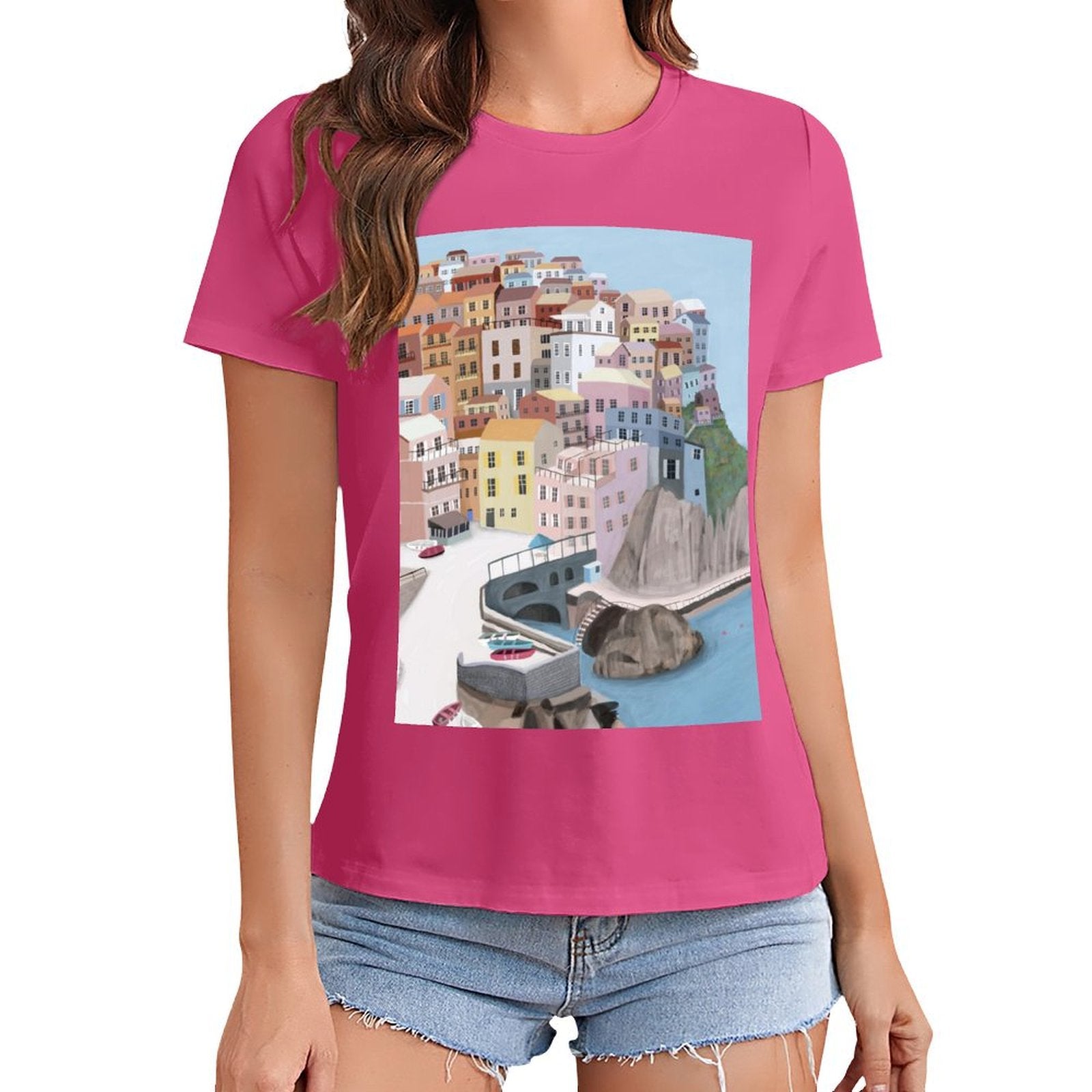 Pink short sleeve t-shirt with graphic town print by MyArtsyGift, casual wear.