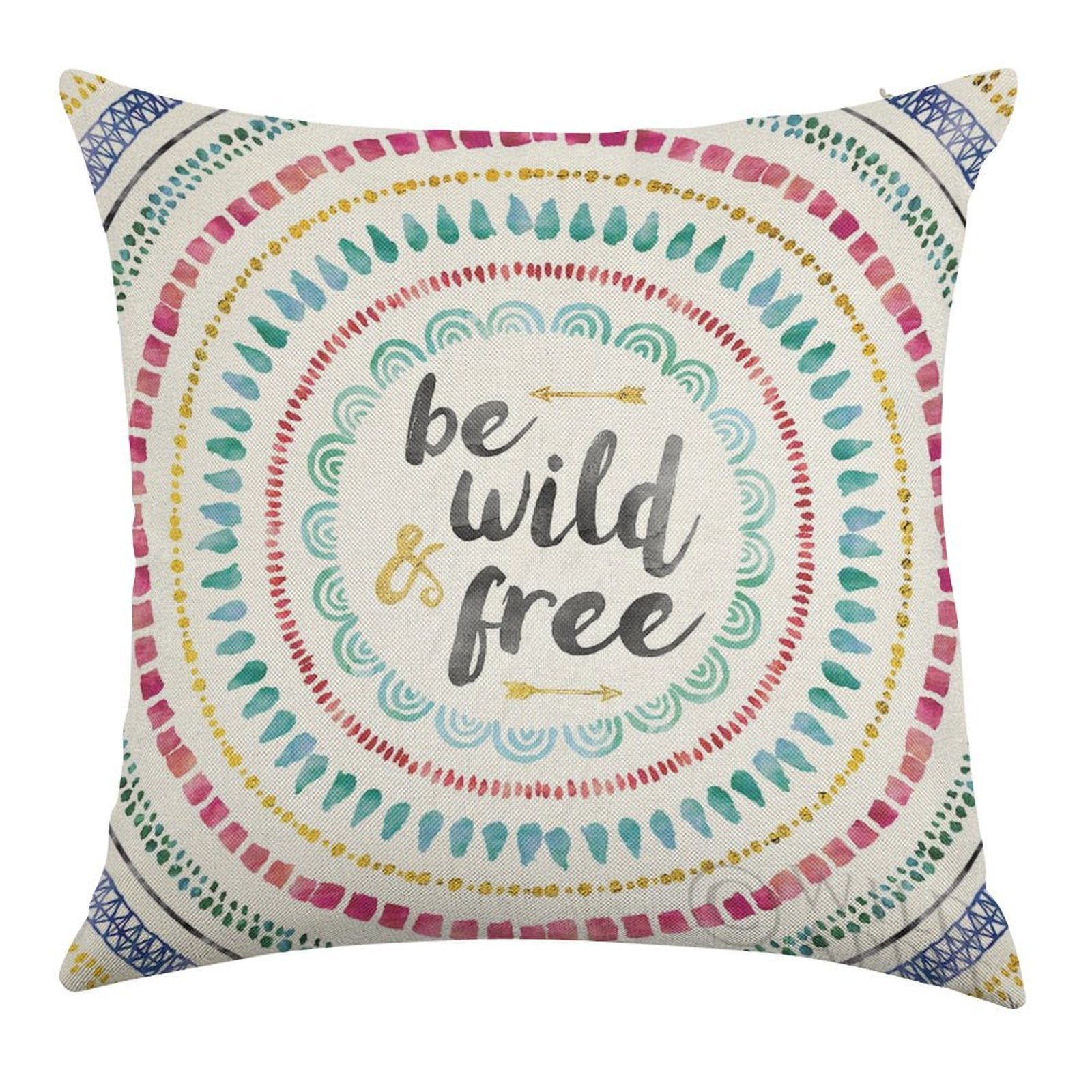 Linen pillow case with be wild and free text, colorful mandala design