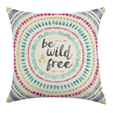 Linen pillow case with be wild and free text, colorful mandala design