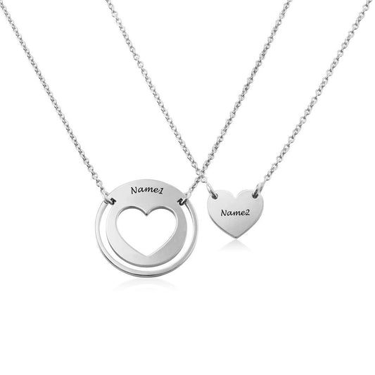Personalized silver couples necklaces with heart pendants and custom names, great gift idea