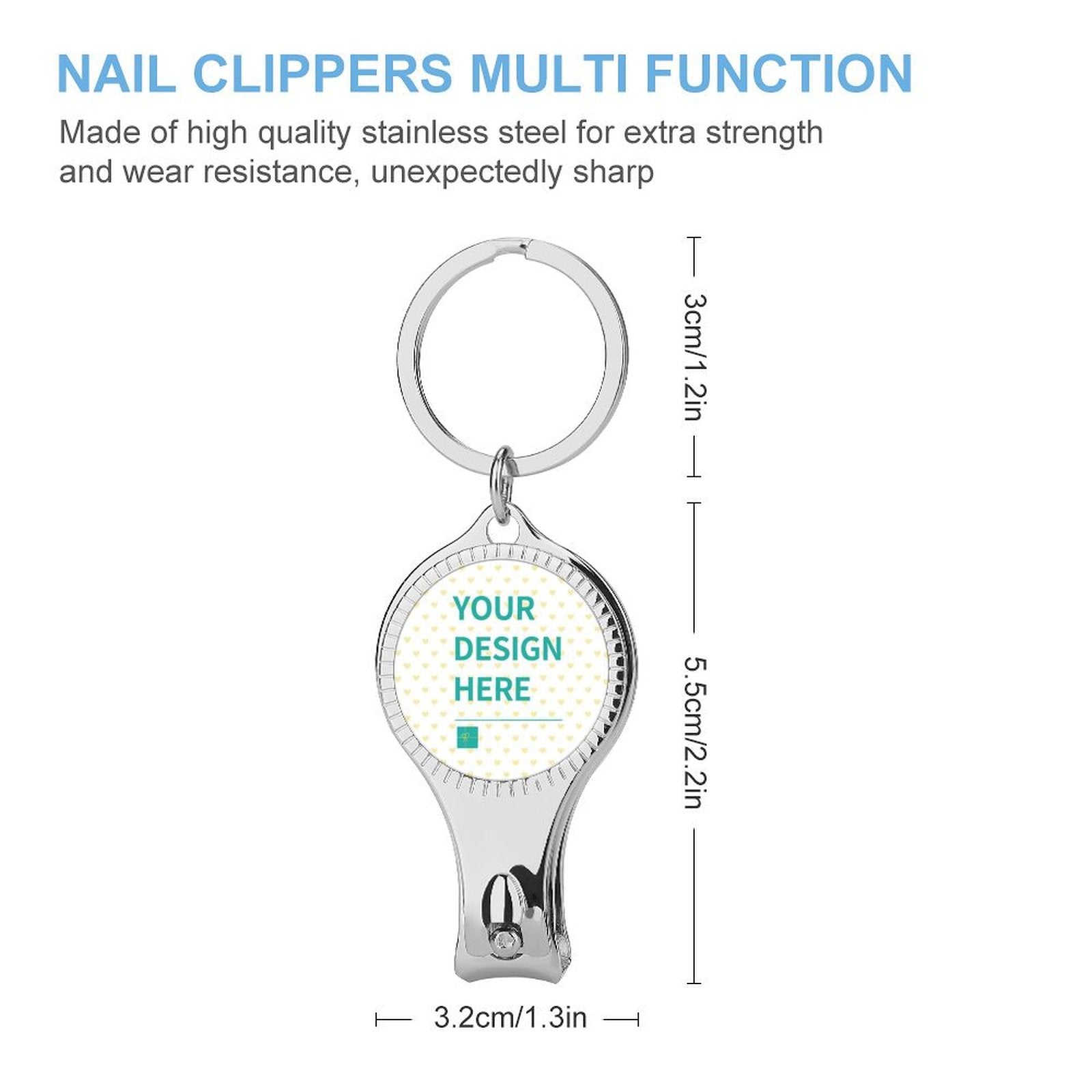 Customizable metal nail clipper keychain with 'Your Design Here' space, durable stainless steel. Perfect for personalization.