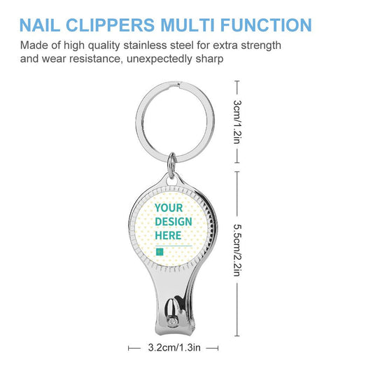 Customizable metal nail clipper keychain with 'Your Design Here' space, durable stainless steel. Perfect for personalization.
