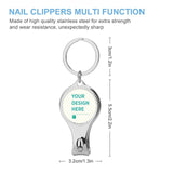 Customizable metal nail clipper keychain with 'Your Design Here' space, durable stainless steel. Perfect for personalization.