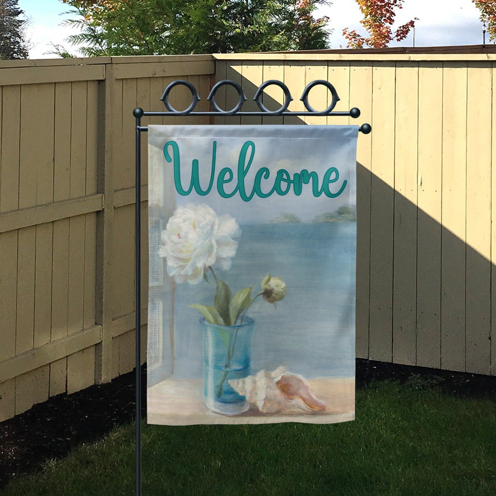 Coastal Floral Welcome Garden Flag. Features peony, seashell, and welcome message. Double-sided for yard or farmhouse decor.