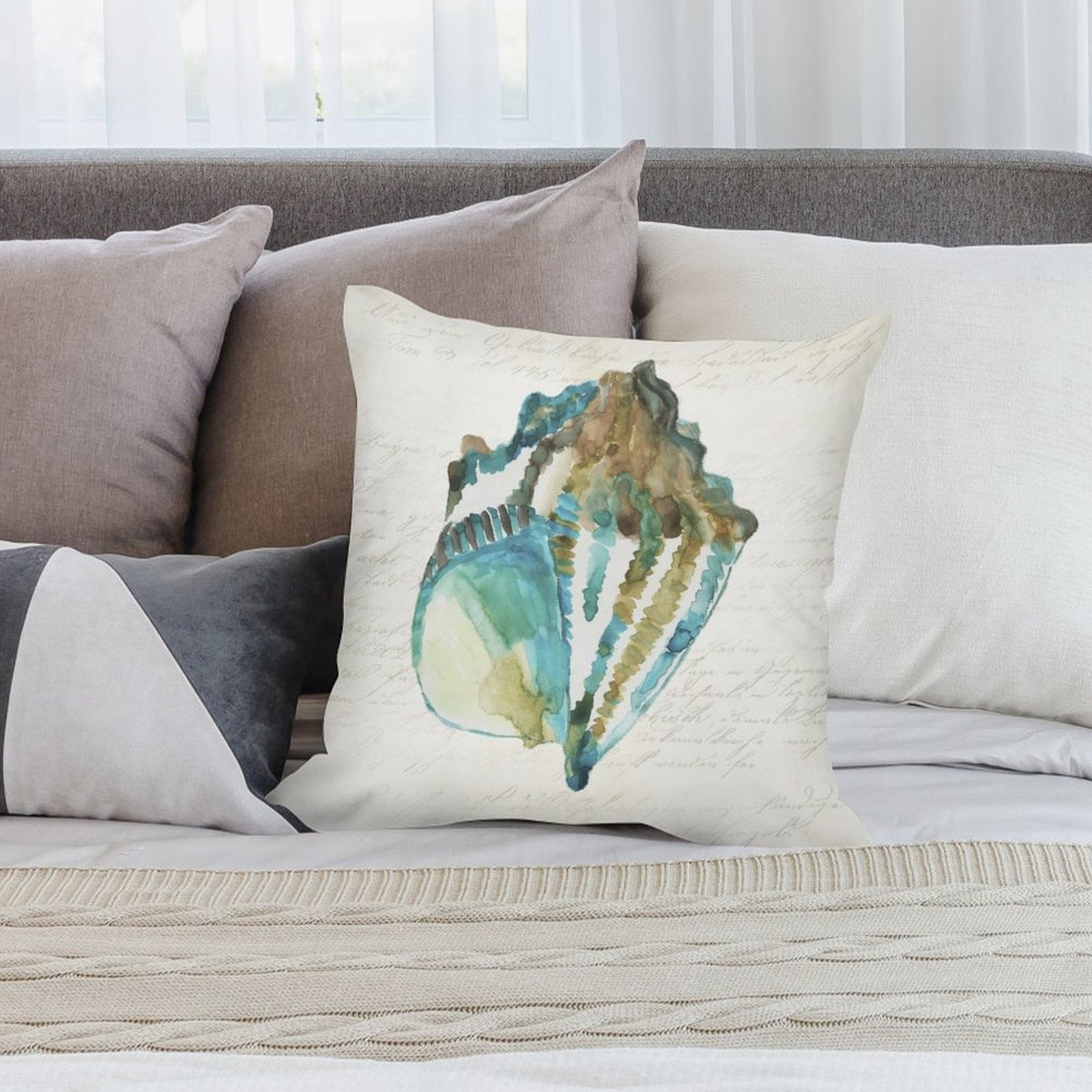 MyArtsyGift plush pillow cover with watercolor seashell design, luxury living room decor