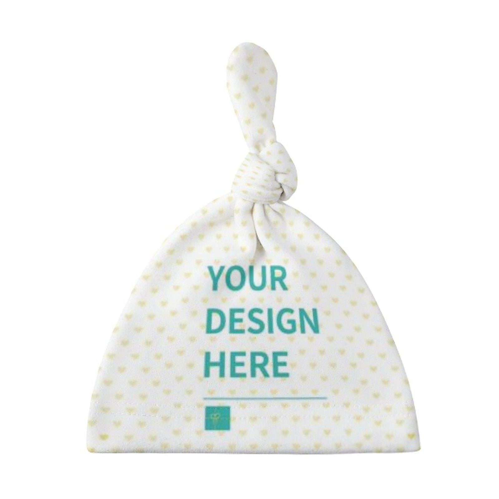 Custom baby beanie hat, white flannel top knot with "YOUR DESIGN HERE" design, perfect for newborns.