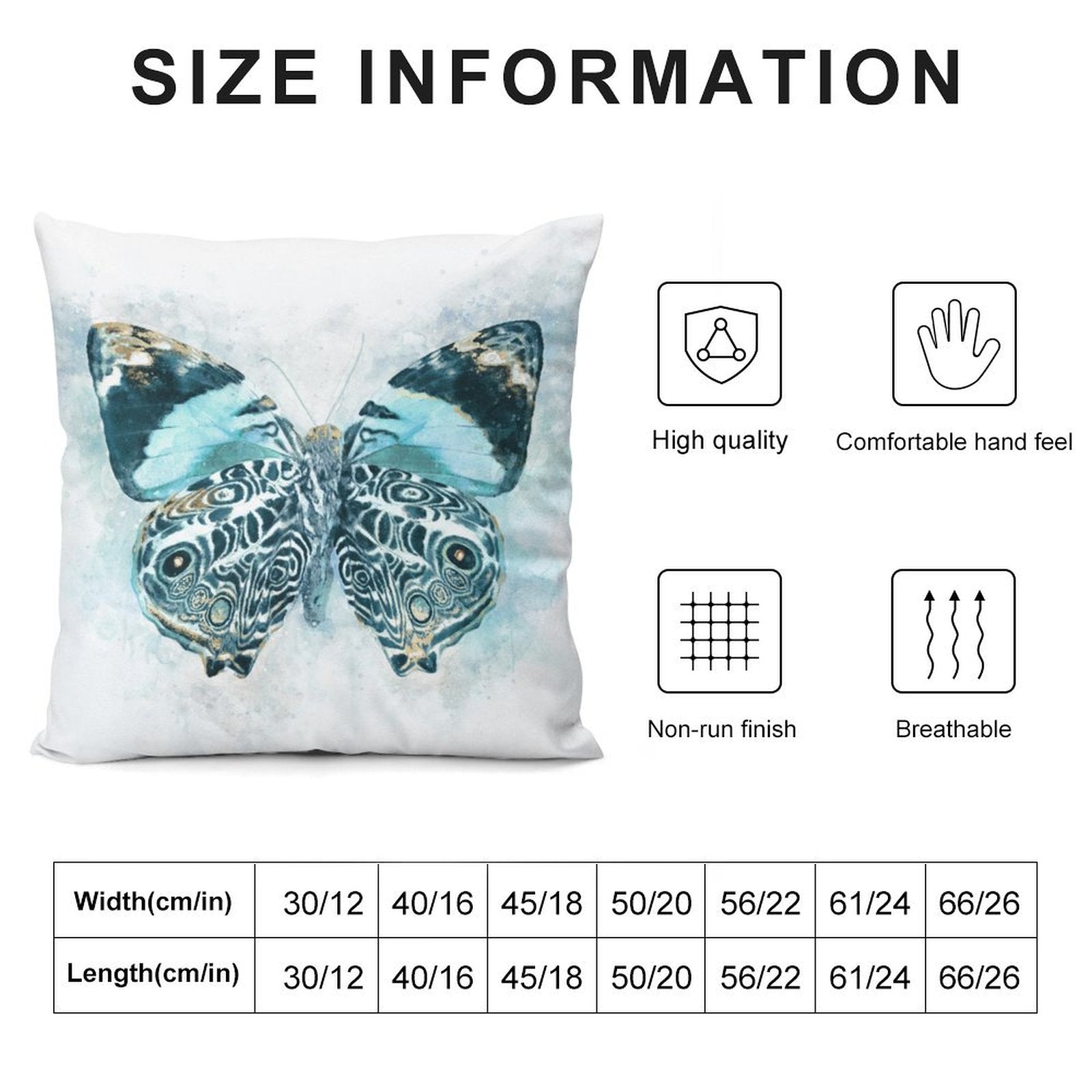 Short plush pillow cover with a blue butterfly design, showcasing size information and quality details.