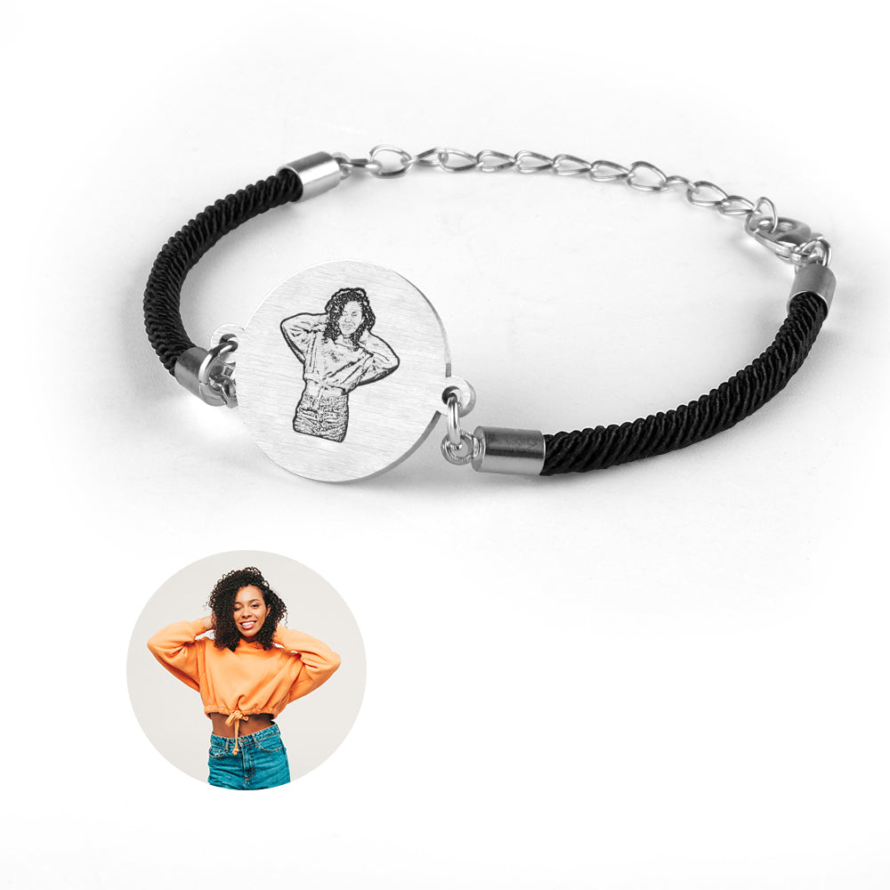 Personalized Picture Bracelet with engraved photo, black woven rope, custom memorial jewelry for women and men.