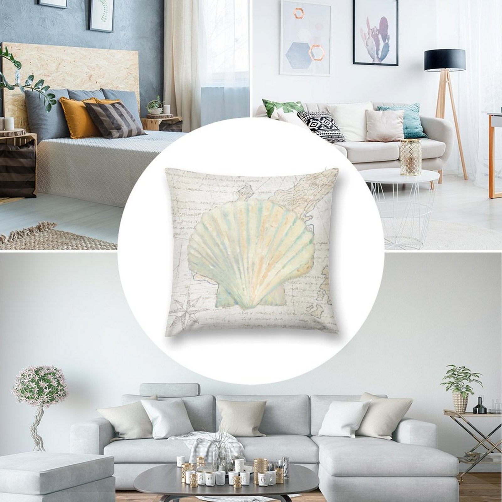 Seashell design plush pillow cover, soft and fluffy, for sofa and living room decor, MyArtsyGift.