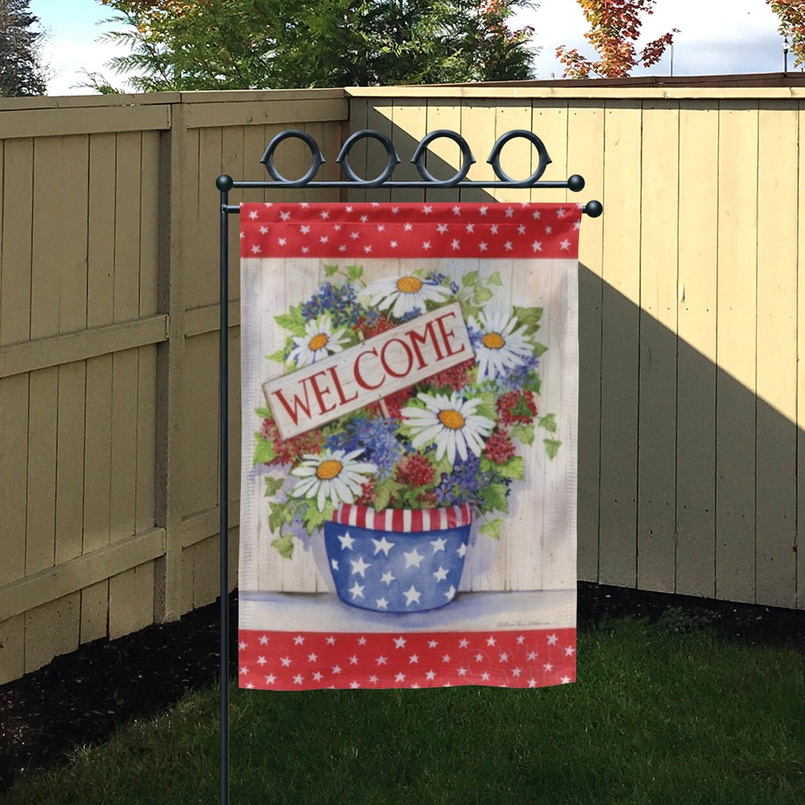 Welcome garden flag made in USA, double-sided floral arrangement in star pot