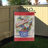 Welcome garden flag made in USA, double-sided floral arrangement in star pot