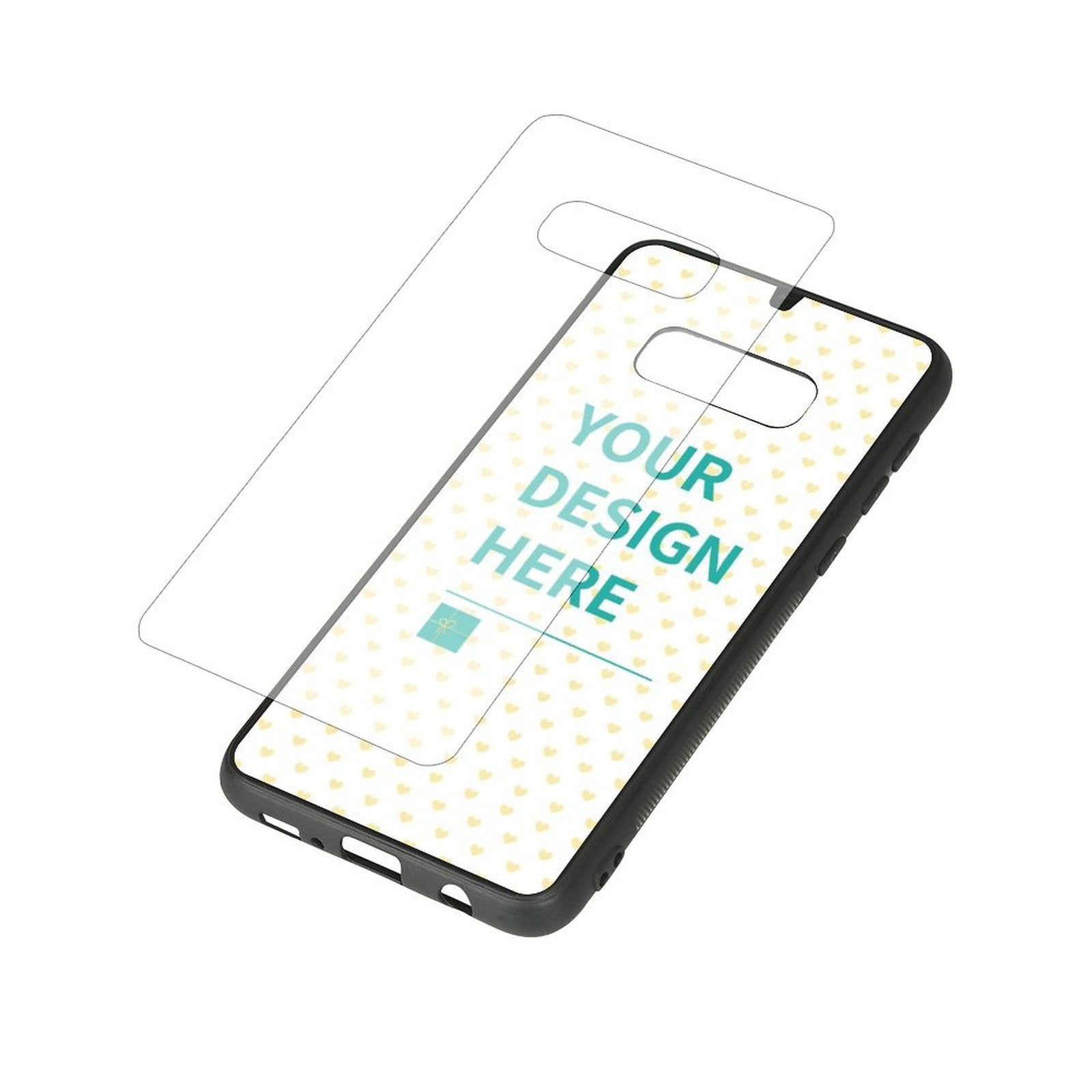 Samsung Galaxy S10E custom case with 'Your Design Here' text and heart pattern, includes screen protector