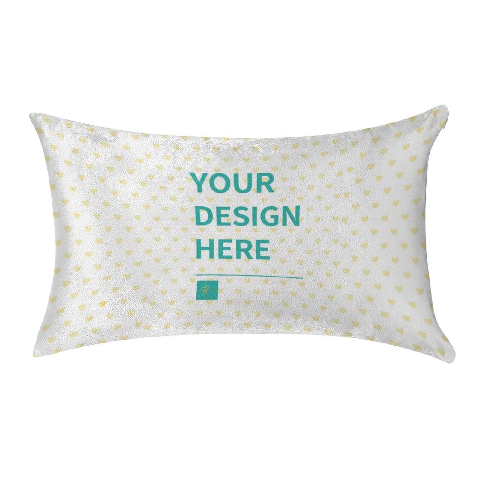 Custom golden velvet pillowcase with 'YOUR DESIGN HERE' text, perfect for living room decor