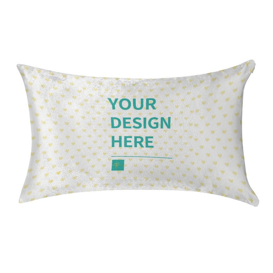 Custom golden velvet pillowcase with 'YOUR DESIGN HERE' text, perfect for living room decor