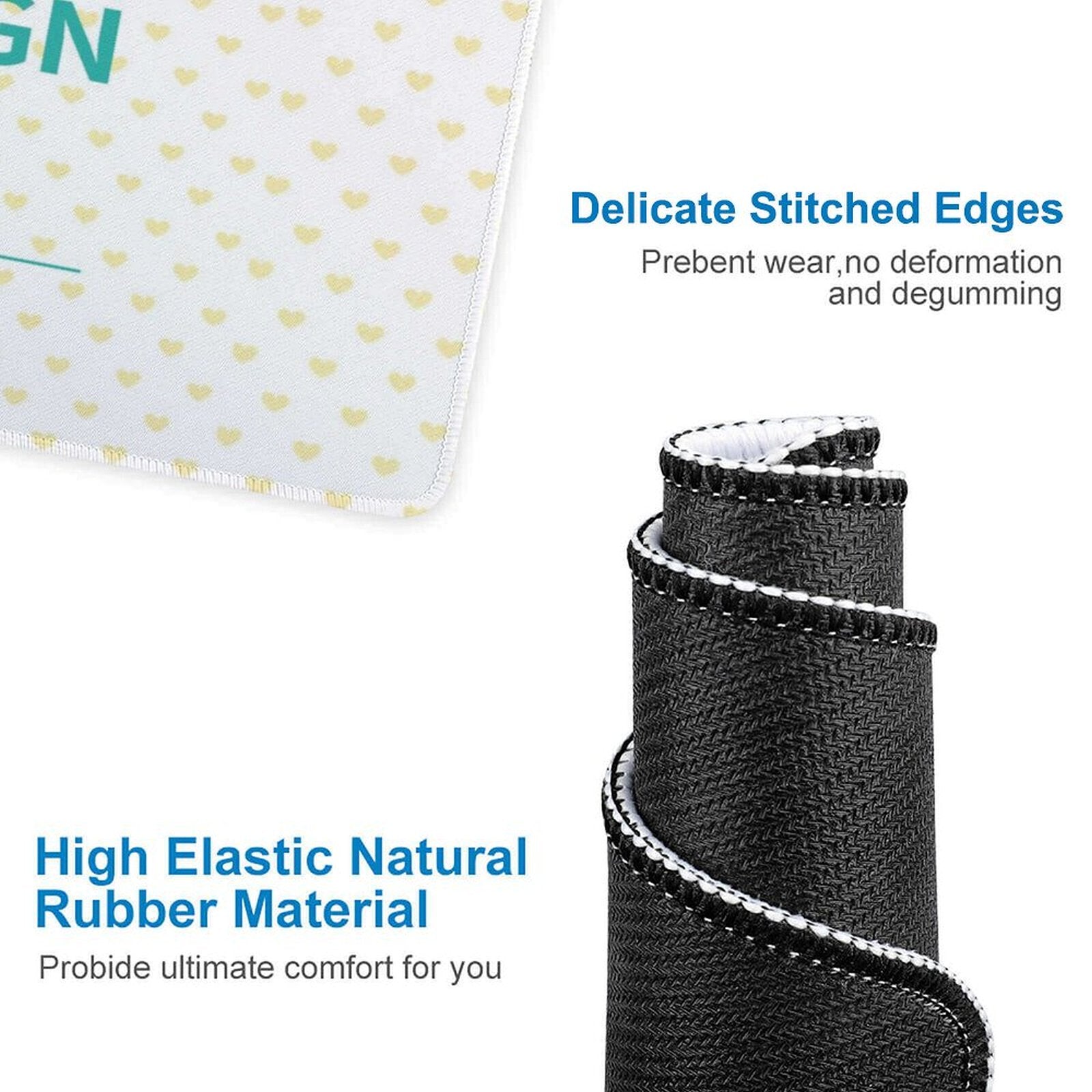 Custom mouse pad with heart pattern, black rubber material, non-slip desk pad for office and home use