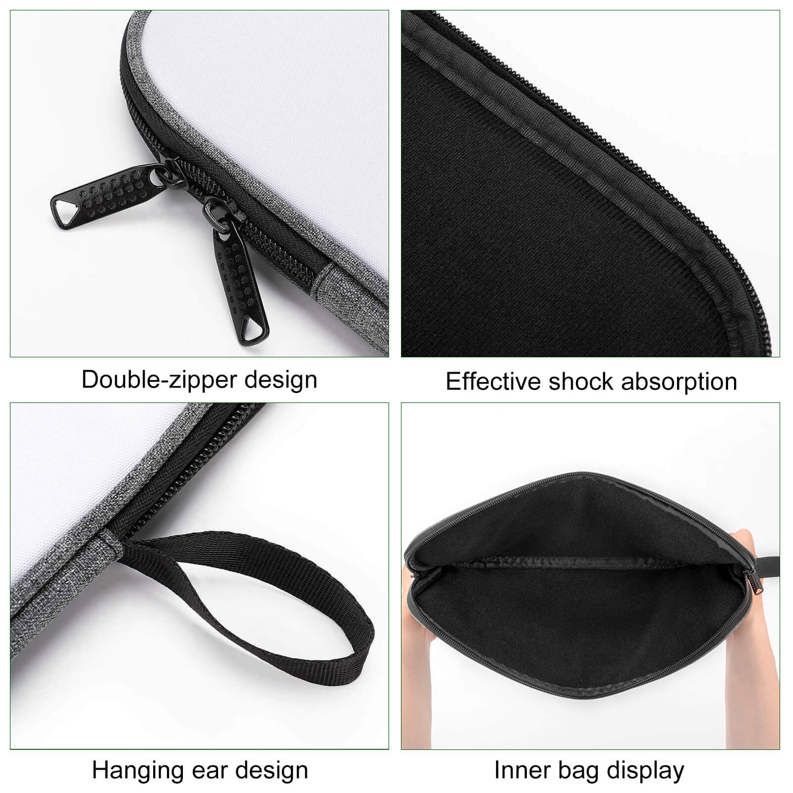 Laptop sleeve features: double-zipper, shock absorption, hanging ear. Snowflake fabric laptop bag.