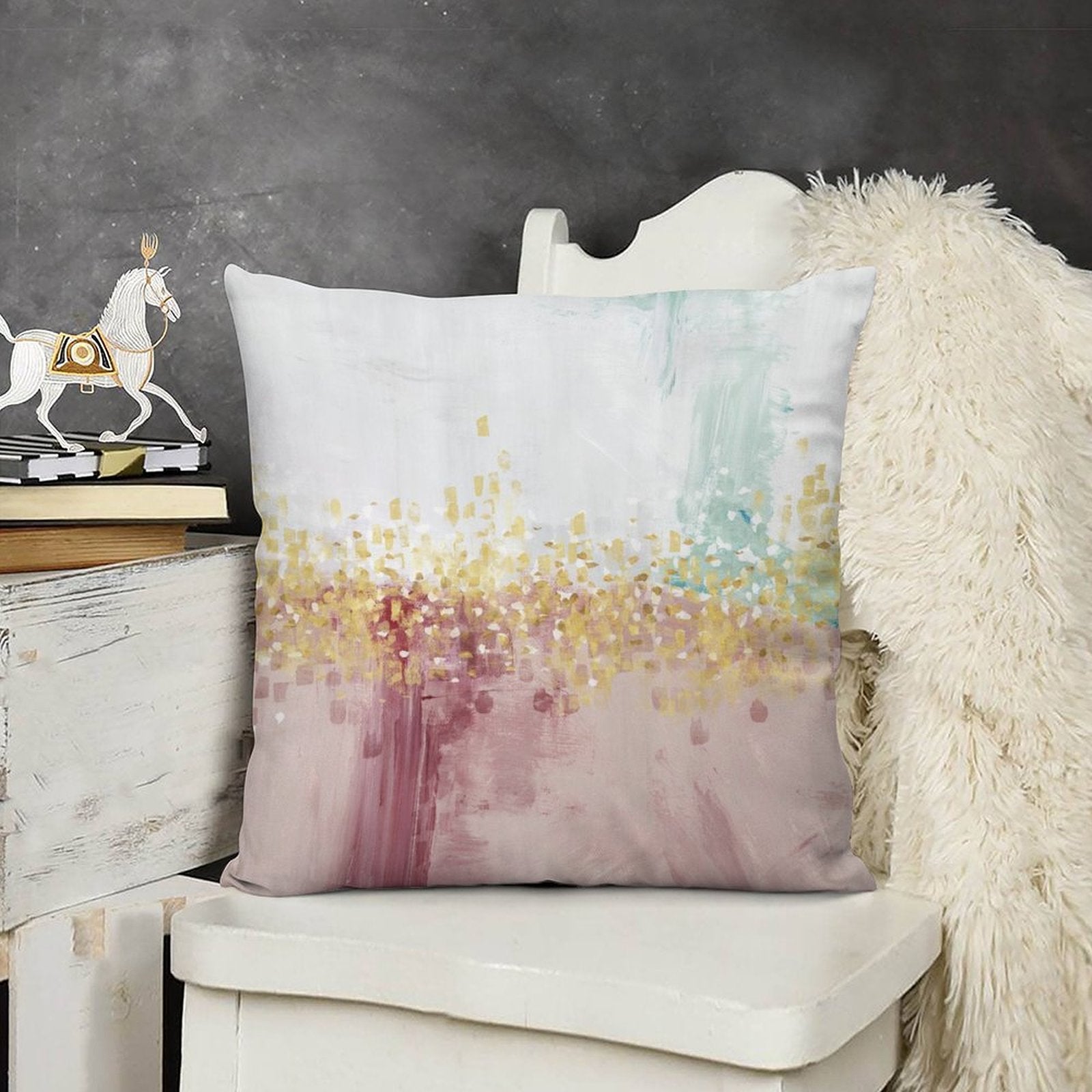 Short plush throw pillow cover with abstract art design in pink, gold, and blue hues. Perfect for sofa or living room decor.