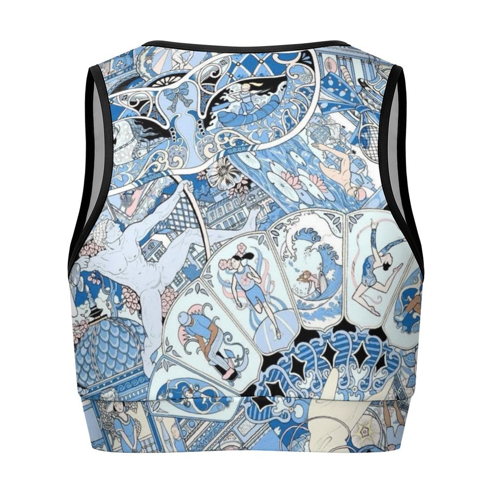 Artistic blue pattern sports bra with unique graphic design, ideal for yoga and workouts, offers both comfort and style