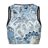 Artistic blue pattern sports bra with unique graphic design, ideal for yoga and workouts, offers both comfort and style