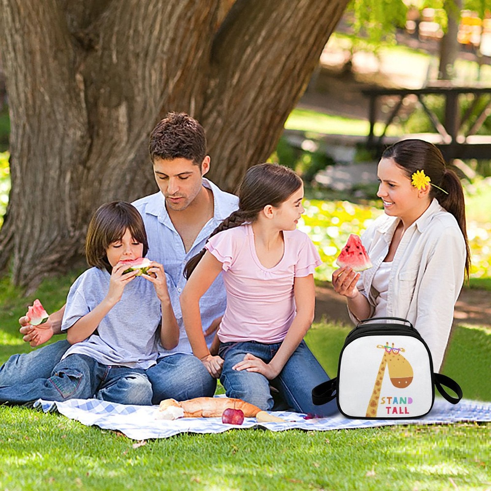 MyArtsyGift lunch bag with giraffe design, perfect for kids picnic, 'Stand Tall' message.