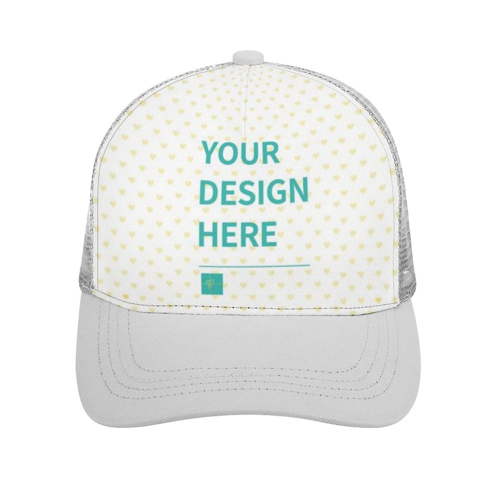Customizable trucker hat with 'YOUR DESIGN HERE' text, white bill, mesh back - MyArtsyGift