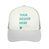 Customizable trucker hat with 'YOUR DESIGN HERE' text, white bill, mesh back - MyArtsyGift